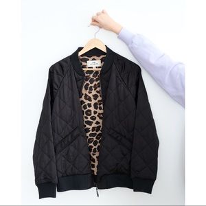 Coach Black and Leopard Print Bomber Jacket